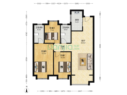 高铁吾悦广场 3室1厅2卫 109平方
