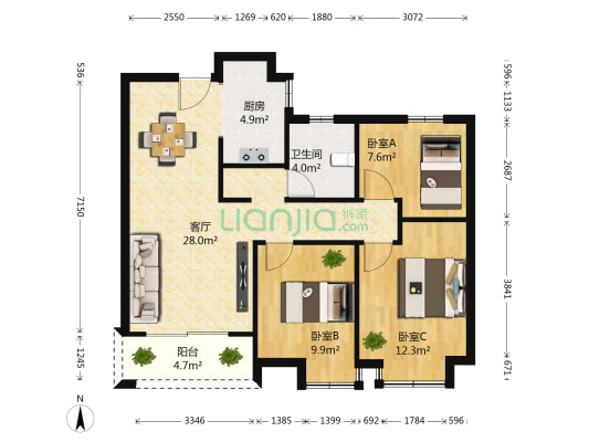 中鼎珑园 3室1厅1卫 94平方
