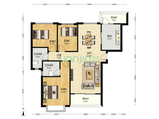 恒大文化旅游城一期 3室1厅2卫 111平方