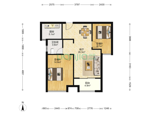 国信世家璞园 2室1厅1卫 89平方