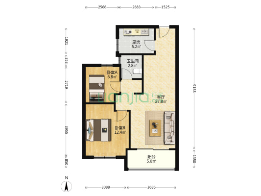 户型方正，好楼层，两卧室户型，小面积，适合养老居住-户型图