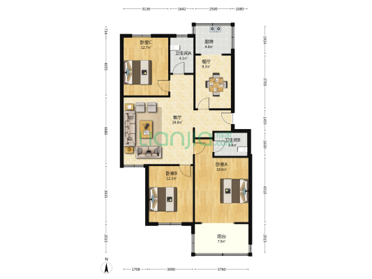 广厦路甲2号院 3室2厅2卫 116平方