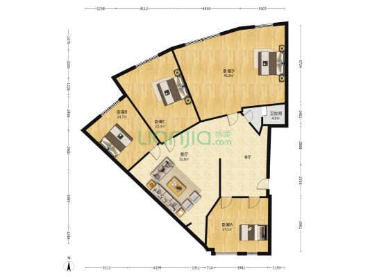 丹凤广场 4室1厅1卫 191平方