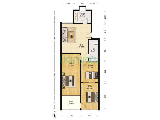 市政府小区 3室1厅1卫 78平方
