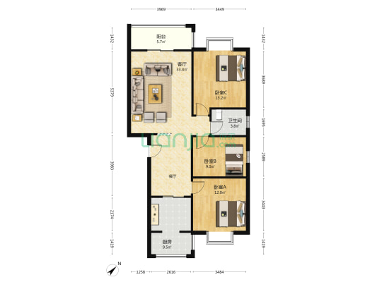 月楿俊苑 3室1厅1卫 100平方