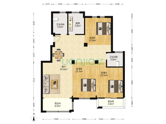 剑江名苑 3室1厅2卫 134平方