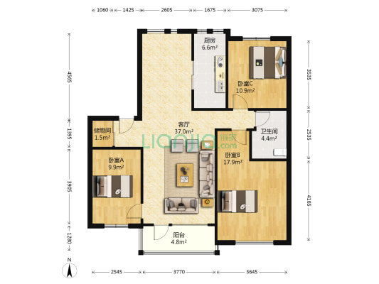 万科水晶城依云园 3室1厅1卫 113平方