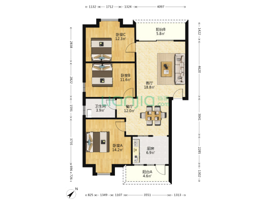 翡翠豪庭 3室2厅1卫 98平方