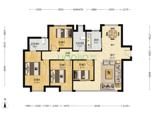 和悦东方 4室1厅2卫 121平方