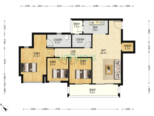 映湖十里 3室1厅2卫 115平方