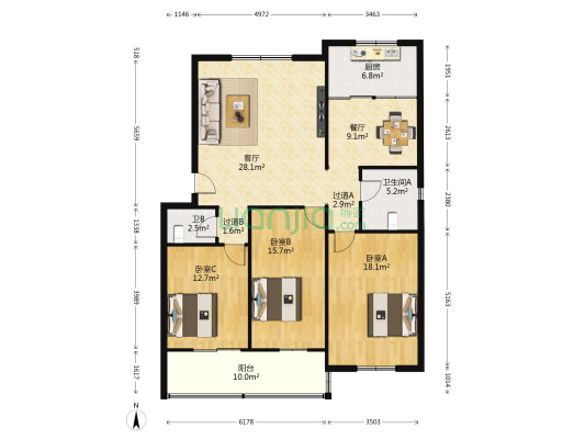 桃苑小区 3室2厅2卫 133平方