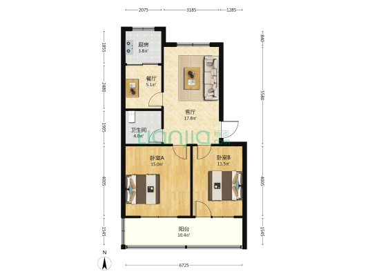 朝阳小区 2室2厅1卫 85平方
