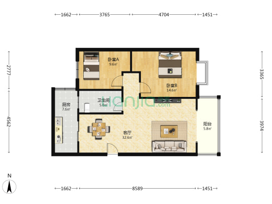逸都花园 2室1厅1卫 88平方