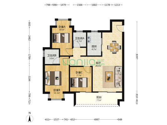 鸿海城 3室1厅2卫 101平方
