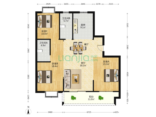 嘉兴佳源中心广场 3室1厅2卫 135平方