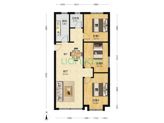 大名城紫金轩 3室1厅1卫 105平方