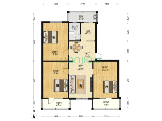 工商局宿舍 3室2厅1卫 108平方