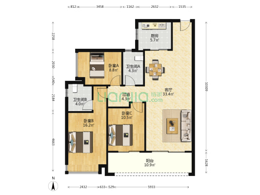 轨道万科悦府 3室1厅2卫 115平方
