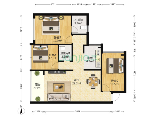 逢时海景大厦 3室1厅2卫 91平方
