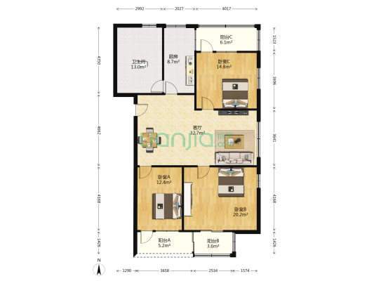 东环路4号大院 3室1厅1卫 109平方