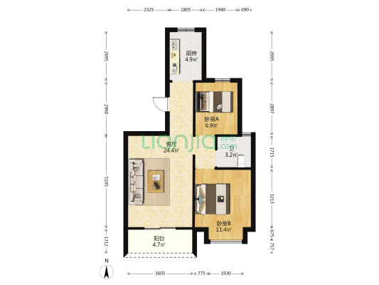 航美国际智慧城 2室1厅1卫 77平方