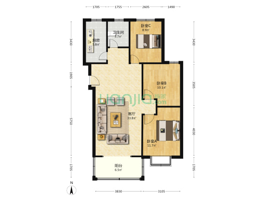 物探局 平安D区 南北通透三居室 毛坯房 中间楼层-户型图