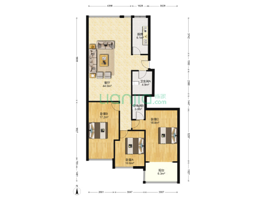 西湖定安名都 3室1厅2卫 156平方