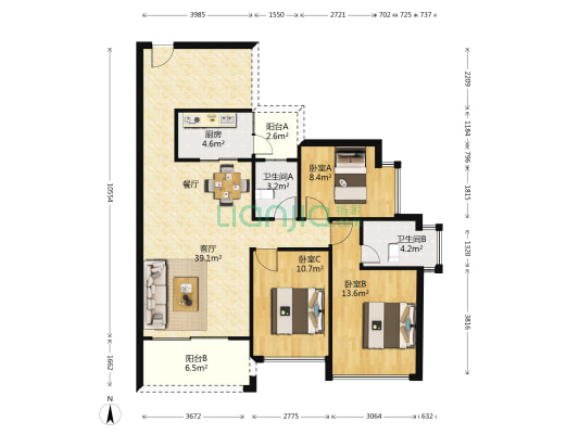 东奥苑 3室1厅2卫 108平方