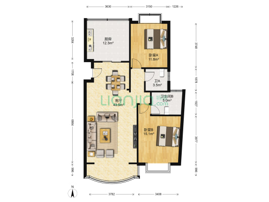 欣月湖 2室1厅2卫 121平方