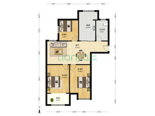 中高名人国际花园 3室1厅1卫 111平方