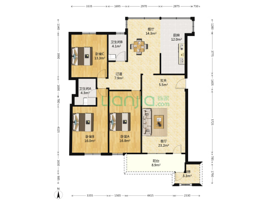 花园新村 3室2厅2卫 137平方