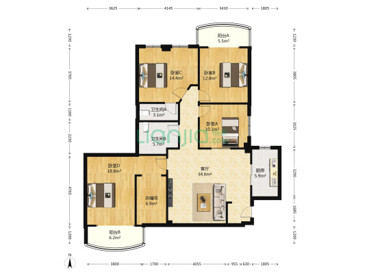 上城国际 4室1厅2卫 153平方