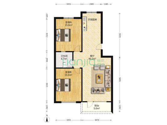 奥润府新嘉苑 2室1厅1卫 90平方