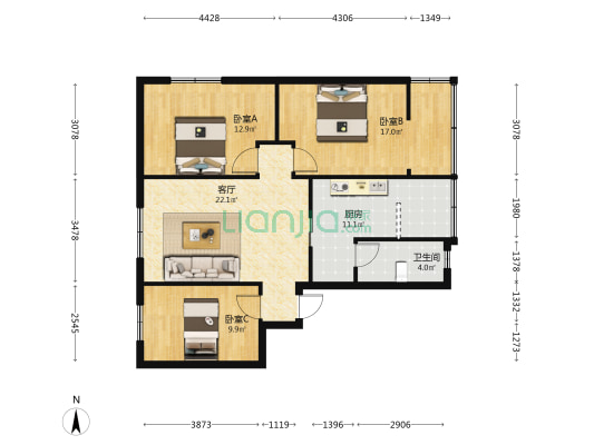 人民南路四段5号 3室1厅1卫 91平方
