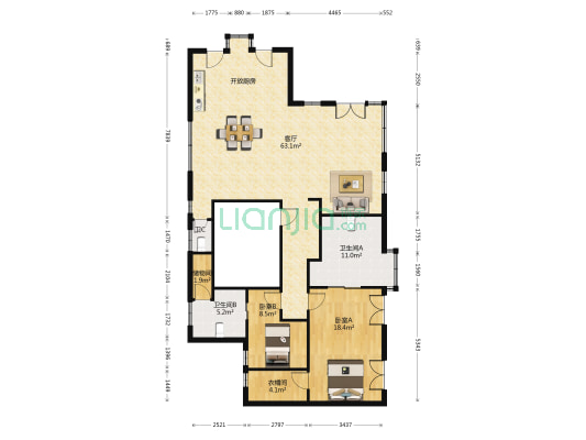 钟和公寓 2室1厅3卫 148平方