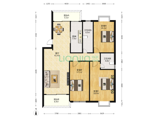 阳光港湾小区 3室1厅2卫 135平方