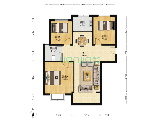 中高凤凰城 3室1厅1卫 109平方
