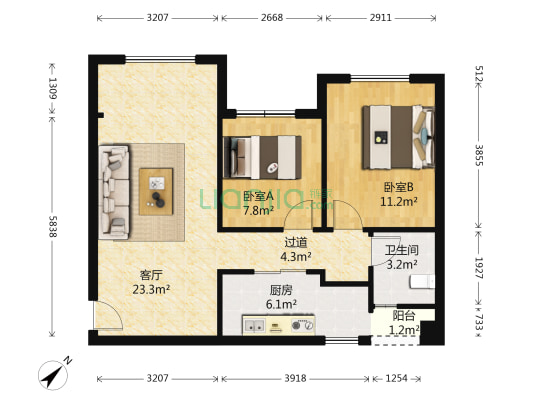中铁瑞城三号线 2室1厅1卫 66平方