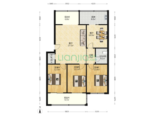 宏宇小区 3室2厅2卫 131平方