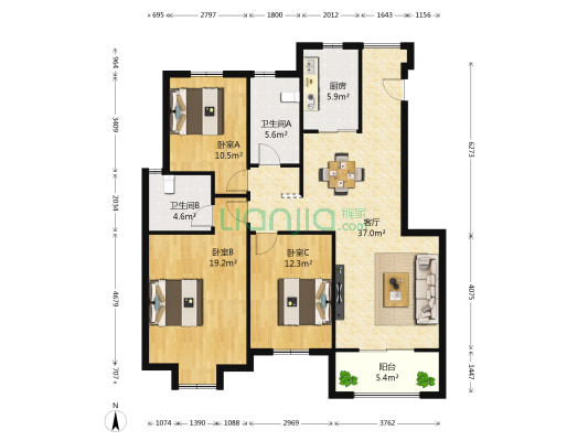 天地湾祥苑 3室1厅2卫 123平方