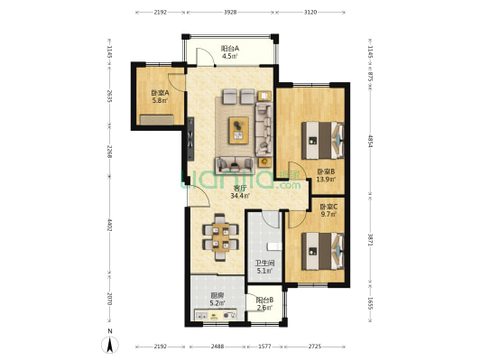 国奥花园四期 3室1厅1卫 105平方