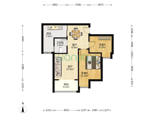 凤祥居B区 2室2厅1卫 68平方