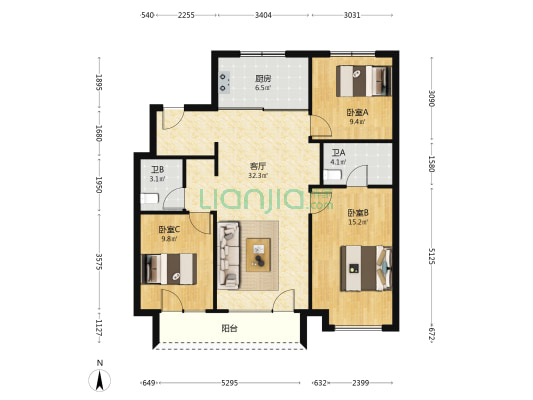 万科公园都会 3室1厅2卫 115平方