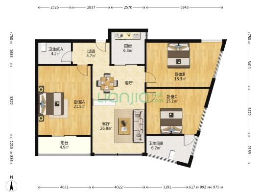 清华园 3室1厅2卫 128平方