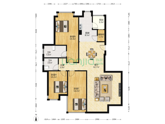 顺峰山语 3室1厅2卫 135平方