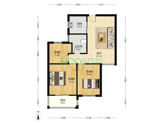 洲岛和园和睦苑 3室1厅1卫 84平方