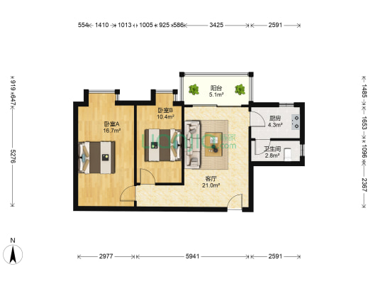 羊和园 2室1厅1卫 78平方