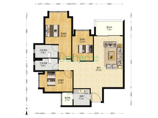 卡地亚花园城蔚蓝轩A区 3室1厅2卫 141平方