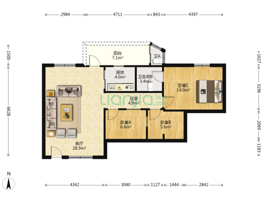年发楼 3室1厅2卫 84平方