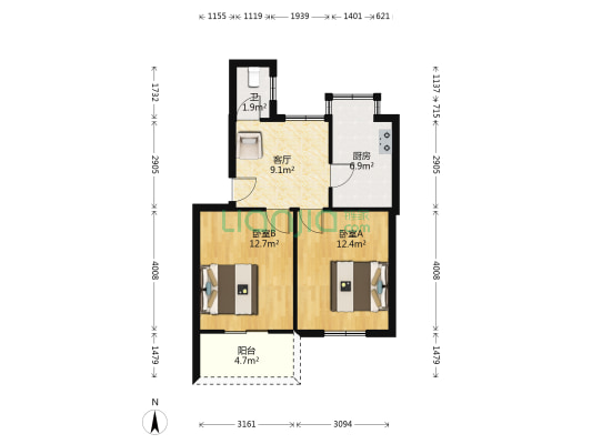 中航长沙设计研究院宿舍 2室1厅1卫 57平方